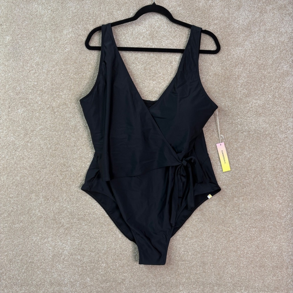 NWT SUMMERSALT The Wrap One Piece Swimsuit Womens 22 2X Black Full Coverage $125